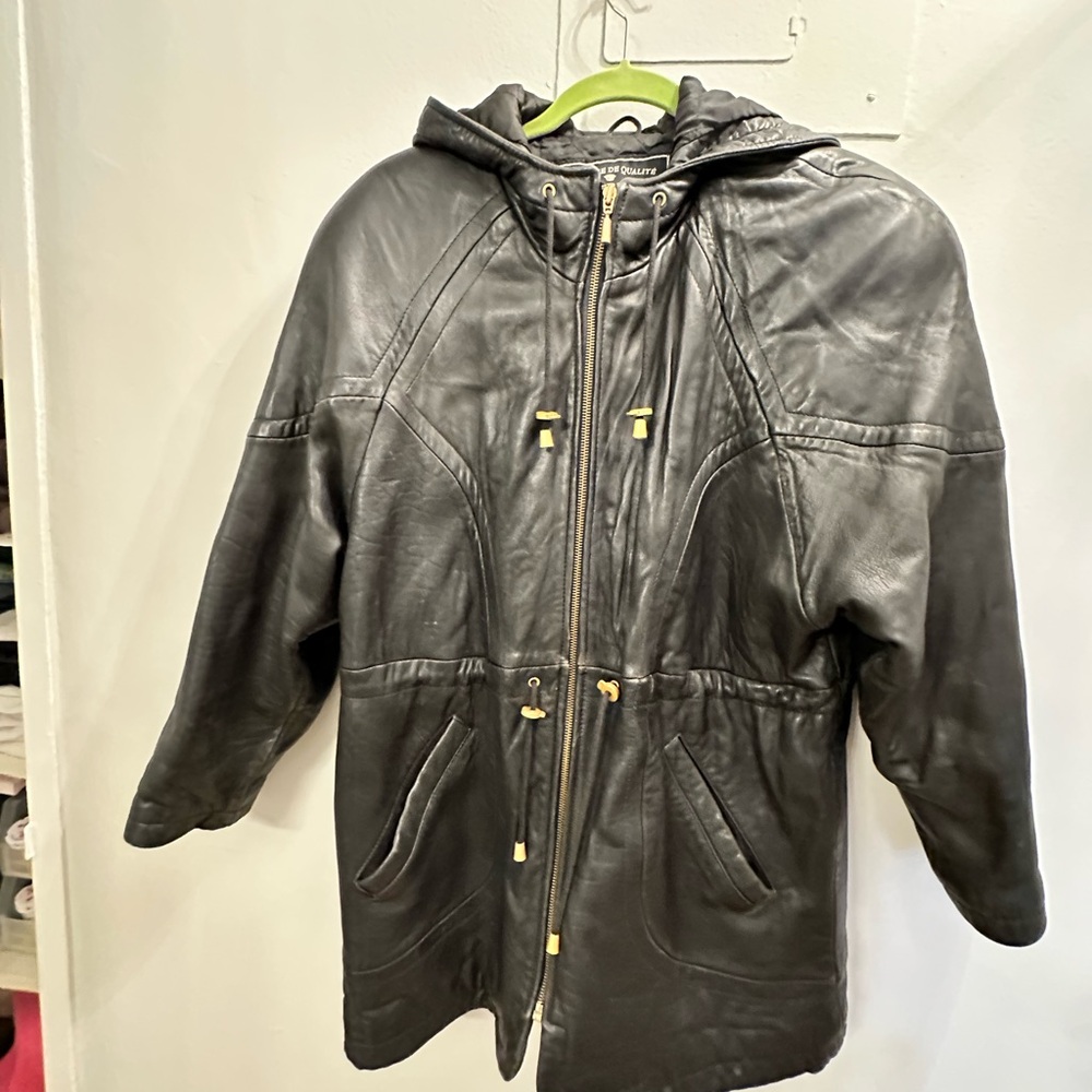 Express Hooded Black Leather Jacket with Gold Details